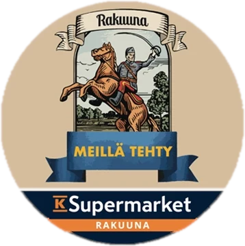 Rakuunan K-Supermarketin bränditarra: Meillä tehty